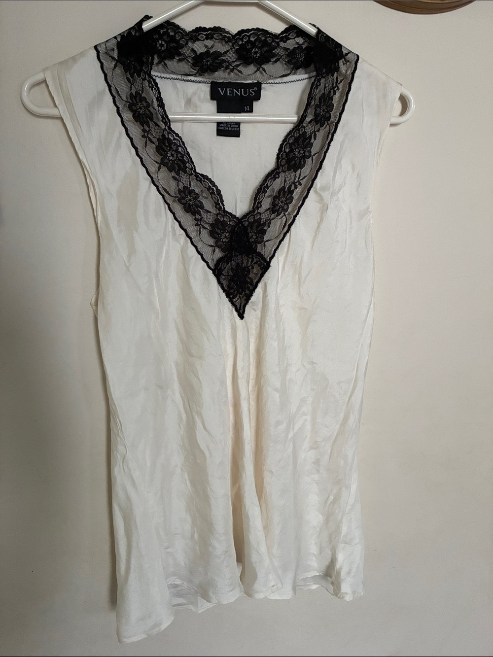 VENUS Ivory Slip Top with Black Lace V-Neck